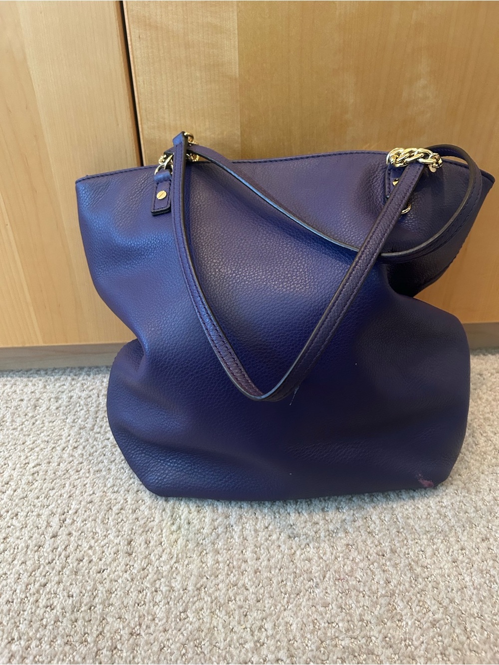 Michael Kors Pebbled Leather Tote in Deep Purple with Gold Chain Accents